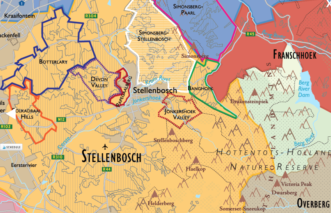 Stellenbosch Wine Region detail of  De Long's South African Wine Map
