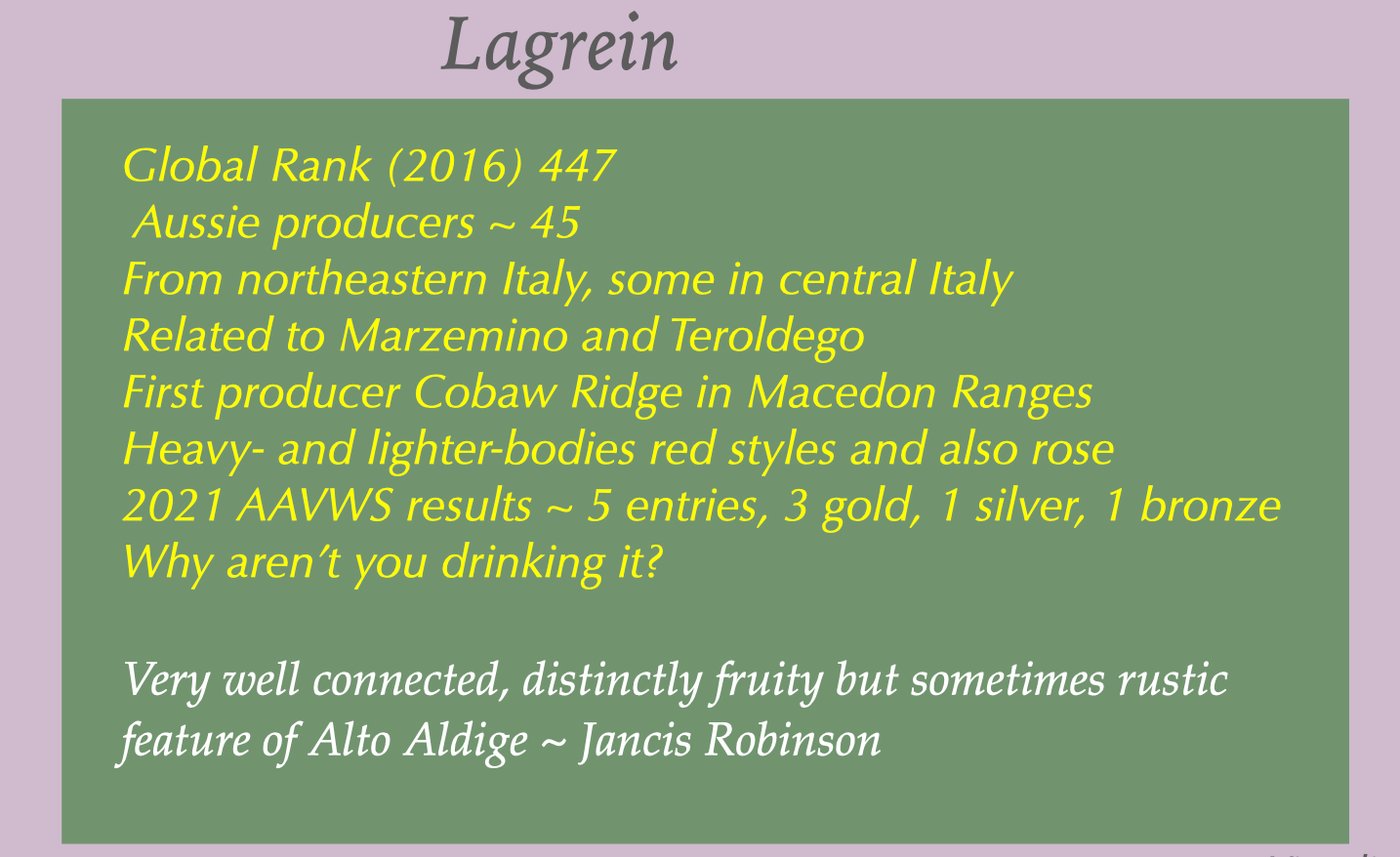 Quick facts about Lagrein in Australia
