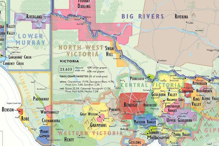 Wine regions in Victoria - Detail from De Long's digital wine map of Australia.