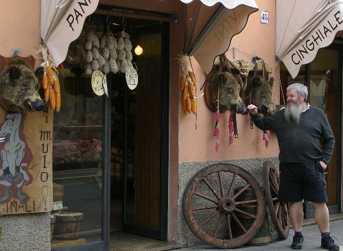 Darby at a meat delicatessen in Norica, Umbria, Italy, before shopping for some charcuterie items to accompany  Sagrantino wine