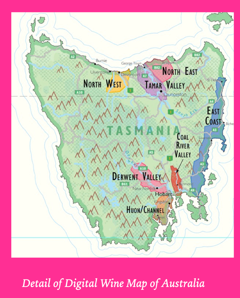 Tasmanian Wine Regions detail of the Digital Wine Map of Australia