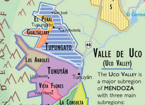 Detail of the wine map of South America showing Uco Valley region of just south of  Mendoza